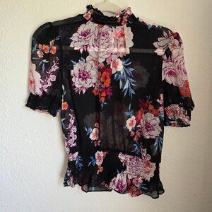 Francesca's Black Size Medium Floral High Neck Blouse **NWT**